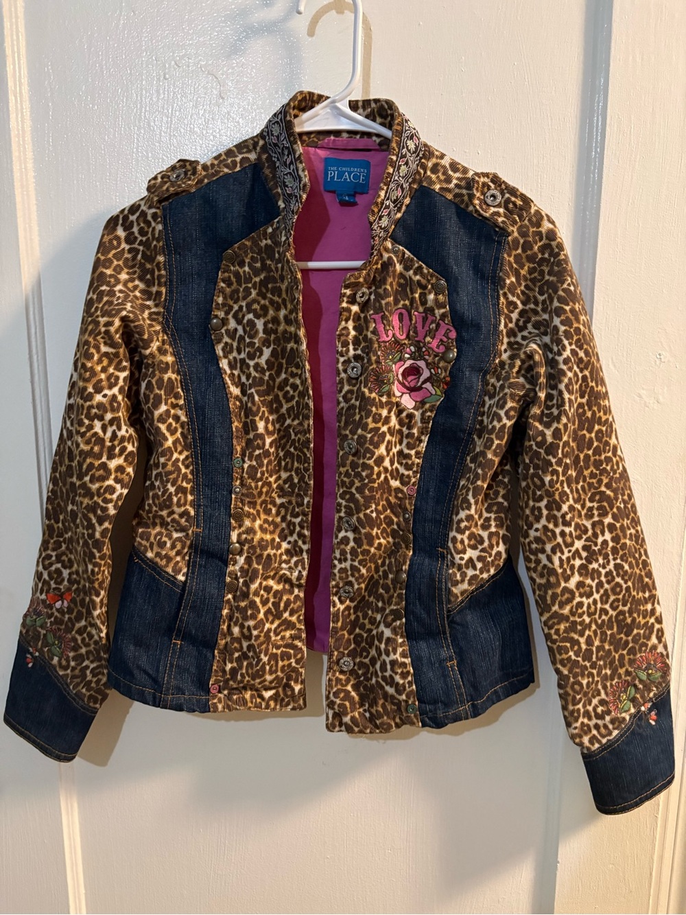 The Children's Place Leopard Print Denim Trim Jacket with Pink Accents